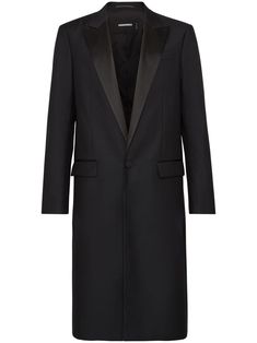 black satin trim peak lapels front button fastening jetted chest pocket front flap pockets long sleeves buttoned cuffs central rear vent straight hem