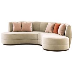 a curved sectional sofa with pillows on the top and bottom corner, in beige fabric