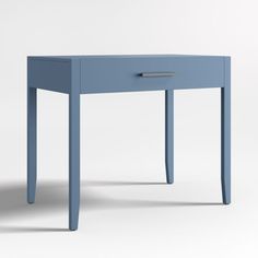 a small blue table with one drawer on the top and two legs at the bottom