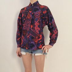 Purple 90s Style Tops For Fall, Purple 90s Style Top For Fall, 90s Fitted Button-up Top, Vintage Tops With Abstract Print For Fall, Vintage Abstract Print Top For Fall, Vintage Abstract Print Tops For Fall, Retro Abstract Print Tops For Fall, 90s Graphic Print Button-up Top, 90s Fall Button-up Tops