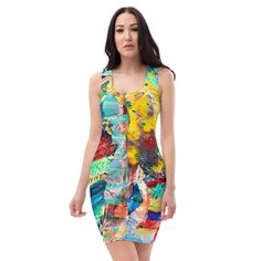 my original bright colorful abstract acrylic paint mixed media collage contemporary modern pop art printed  * * * Make a statement and look fabulous in this all-over printed, fitted dress.  * 82% polyester, 18% spandex * Fabric weight: 6.78 oz/yd² (230 g/m weight may vary by 5% * Made with smooth, comfortable microfiber yarn * Material has a four-way stretch * Blank product components sourced from China Fitted Multicolor Mini Dress With Vibrant Print, Multicolor Printed Bodycon Mini Dress, Spring Multicolor Printed Bodycon Dress, Artistic Fitted Party Dresses, Summer Multicolor Graphic Print Bodycon Dress, Vibrant Fitted Colorful Dresses, Vibrant Colorful Fitted Dress, Vibrant Fitted Multicolor Mini Dress, Fitted Dress With Vibrant Print