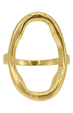 A liquid-like texture brings a contemporary element to this gleaming ring. 1" x 0.5" 14K gold plated brass Imported Brass D Ring, Gold Oval Brass Rings, Oval Gold Brass Rings, Modern Gold Open Circle Ring, Modern Gold Oval Ring, Gold Open Ring, Hammered Gold Ring, Greek Gifts, Art Elements