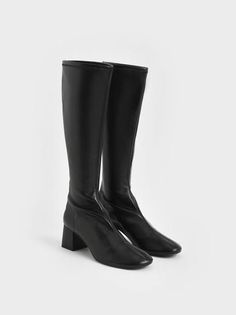 Black Block Heel Knee Boots | CHARLES & KEITH Denim Skirt Plus, Everyday Boots, Knee Length Boots, Black Block Heels, Black Shade, Charles Keith, Shades Of Black, Hobo Bag, Every Woman