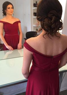 A-line Off Shoulder Boned Bodice Burgundy Charmeuse Evening Gown - Princessly Off Shoulder Dresses Prom, Winter Formal Dress, Sanggul Modern, Prom Dresses Off The Shoulder, Burgundy Prom, Winter Formal Dresses, Off Shoulder Dresses, Homecoming Dresses Long, Burgundy Prom Dress