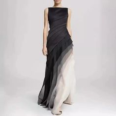 Olivia Mark - Exquisite Multi-Layered Evening Gown in Black - High-Waisted, Pure Color Dress Ombre Wedding Dress, Wedding Dress Evening, Ombre Wedding, Dress Collar, Korean Fashion Women, Crewneck Dress, Color Dress, Types Of Skirts, Collar Dress