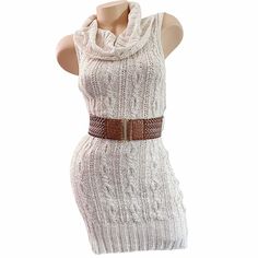 Vintage Baby Phat Cable Knit Sweater Dress Off White With Metallic Gold Threading Size Large Removable Brown Belt With Elastic Backing Cowl Neck Design Fitted White Knitted Sweater Dress, Fitted White Knitted Mini Dress, White Fitted Knitted Sweater Dress, Winter White Sleeveless Mini Dress, White Sleeveless Mini Dress For Winter, White Sleeveless Winter Dress, Fitted Sleeveless Knitted Sweater Dress, Chic Knitted Sleeveless Sweater Dress, Chic Sleeveless Knitted Sweater Dress