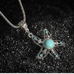 Gorgeous Silver Star Turquoise Necklace Bohemian Starfish-shaped Turquoise Jewelry, Bohemian Turquoise Starfish Jewelry, Blue Star-shaped Bohemian Jewelry, Blue Bohemian Jewelry With Star Charm, Bohemian Blue Jewelry With Star Charm, Bohemian Blue Star Charm Jewelry, Blue Bohemian Necklace With Star Charm, Starfish Necklace, Turquoise Crystal