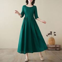 "Enhance your summer wardrobe with this chic and elegant emerald dress featuring delicate pleats for a touch of sophistication. Ideal for staying cool and stylish during the warmer months.  ★★FEATURES 100% Linen Two side pockets Right hidden zipper Pleated waist details Front button closure Half sleeve dress Maxi linen dress Casual linen dress Long linen dress Plus size dress Simple dress Perfect for Summer, Spring Other color linen dress, maybe you will like them. https://etsy.me/492ETDy ★★Mode size Height 170cm (5′ 7″) Bust 84 cm (33\") Waist 66 cm (26\") She wears size XS ★★ Bespoke Order Service If you Request other color Request the length Your height is not between 155 cm- 172 cm Your weight is over 75 kg I can do it for you, It will need some extra fee depending on on your need. Con Maxi Dress Outfit Casual, Green Linen Dress, Dress Half Sleeve, Emerald Dress, Half Sleeve Dress, Natural Linen Dress, Linen Dress Women, Maxi Dress Outfit, Long Linen Dress