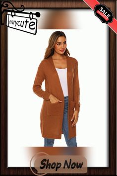 Brown Open Front Cardigan with Pockets Long Brown Cardigan For Workwear, Long Brown Cardigan For Work, Brown Open Front Sweater With Pockets, Brown Sweater With Pockets For Spring, Brown Open Front Sweater Coat For Spring, Brown Sweater Coat With Pockets For Spring, Trendy Brown Open Front Cardigan, Cardigan With Pockets, Open Front Cardigan