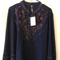 Free People Floral Embroidered Blouse. Nwt, Never Worn, Retail $98. Fall Cotton Tops With Floral Embroidery, Floral Embroidered Cotton Tops For Fall, Traditional Long Sleeve Tops With Tonal Embroidery, Long Sleeve Cotton Top With Tonal Embroidery, Bohemian Embroidered Top For Fall, Fitted Long Sleeve Top With Embroidered Hem, Fitted Bohemian Embroidered Top For Fall, Casual Fall Peasant Top With Floral Embroidery, Fall Festival Peasant Top With Embroidered Sleeves