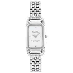 From COACH, the Cadie watch is a long, lean accessory with its roots in the 1920s art deco movement. Featuring a stainless steel case, this remarkable timepiece is as efficient as it is lovely with an ever reliable quartz movement. The timepiece's smooth white dial exhibits coordinating silver-tone accents and the iconic horse and carriage motif. Completing the look is a stainless steel bracelet that comfortably secures with a push-button deployment closure. 17.5 x 28.5 mm stainless steel case M Classic Coach Watch For Formal Occasions, Classic Coach Watches For Formal Occasions, Elegant Silver Coach Watch, Timeless Silver Coach Jewelry, Art Deco Movement, White Watch, 1920s Art, 1920s Art Deco, The 1920s