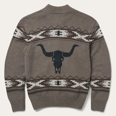 This brown zip-front cardigan sweater gives a nod to Stetson’s long-standing Western heritage with a Longhorn Steer motif alongside an Aztec-inspired print. It has two front hand pockets and a self-knitted collar, cuffs and waistband. Made from a wool blend, it provides warmth, comfort, and rugged style whenever the weather calls for an extra layer. Heathered Yarns Zip Front Self Knitted Collar, Cuffs, & Waistband Front Hand Pockets Exclusive Longhorn Steer & Aztec Pattern 60% Cotton, 30% Nylon, Brown Jacquard Knit Cardigan For Winter, Cozy Brown Sweater For Outdoor, Casual Brown Jacquard Knit Outerwear, Cozy Brown Outdoor Sweater, Brown Wool Jacquard Knit Outerwear, Brown Nordic Sweater For Fall, Nordic Style Brown Cardigan For Fall, Brown Nordic Long Sleeve Outerwear, Brown Nordic Style Long Sleeve Outerwear