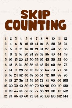 a poster with the words skip counting in brown and white on it's side