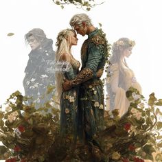 two people standing next to each other in front of leaves and flowers with the words game of thrones written on them