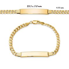 "These beautiful bracelets are available in Solid 14K Yellow Gold! Bracelets made with Curb Links are perfect for charms, and these are the best quality at the lowest prices! We have multiple lengths and thicknesses to meet any preference! These chains are authentic 14K Yellow Gold, with no filler! We would be happy to assist in finding you additional lengths or widths, send us a message today! Total Approximate Weights, Plate Dimensions, and Max Engravable Characters (per side): 2.5 mm Chain Wi Classic Name Bracelet With Curb Chain As A Gift, Classic Engraved Charm Bracelet For Formal Occasions, Classic Yellow Gold Bangle Charm Bracelet, Classic Curb Chain Charm Bracelet As A Gift, Classic Charm Bracelet With Curb Chain As Gift, Engraved Yellow Gold Charm Bracelet For Formal Occasions, Personalized White Gold Classic Bracelets, Classic Personalized White Gold Bracelets, Personalized White Gold Classic Bracelet