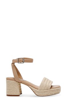 A chunky platform and block heel add retro-cool styling to a creamy suede sandal secured with an adjustable strap at the ankle. 2 3/4" heel, 1 1/4" platform (size 8.5) Adjustable ankle strap with buckle closure Leather or leather and textile upper/synthetic lining and sole Imported Beige Sandals With Reinforced Heel And Medium Width, Beige Sandals With Medium Width And Block Heel, Vacation Ankle Strap Heels With Stacked Heel, Casual Heels With Ankle Strap And Reinforced Heel, Casual Ankle Strap Heels With Reinforced Heel, Beige Wedge Sandals With Buckle Closure And Block Heel, Beige Wedge Sandals With Buckle And Block Heel, Beige Block Heel Wedge Sandals With Buckle Closure, Beige Adjustable Block Heel Sandals