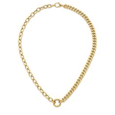 Introducing our exquisite Cuban Link Necklace—a luxurious blend of classic design and modern sophistication. This 14K Gold Necklace with a Charm Clip features a unique combination of Half Cuban and Half Cable Chain, creating a statement piece that exudes opulence. Meticulously crafted in Italy, this Chunky Gold Necklace is a versatile and stylish addition to your collection.Charm Clip Feature:The addition of a charm clip enhances the necklace's versatility. Easily add or remove your favorite cha Elegant Round Gold Plated Chain Necklace, Luxury Formal Chain Necklace With Round Pendant, Luxury Yellow Gold Curb Chain Necklace, Luxury Formal Necklace With Round Pendant, Luxury Round Pendant Chain Necklace For Formal Occasions, Gold Plated Curb Chain Necklace, Yellow Gold Necklaces For Everyday Luxury, Formal Fine Jewelry Gold Chain Necklace, Everyday Luxury Yellow Gold Necklaces