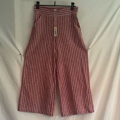 Nwt Women’s Max Studio Xs Red With White Stripes Wide Leg Crop Pants $23 Elastic At Waist In Back 2 Pockets Clam Diggers 55% Linen 45% Cotton Waist Flat- 14” Stretch- 15 1/2” Length- 35 1/4” Inseam- 23 1/4” Usually Ships Within One Day Red Summer Pants With Pockets, Casual Red Wide Leg Summer Pants, Red High Waist Wide Leg Summer Pants, Red High-waisted Relaxed Fit Bottoms, Trendy Red Wide Leg Pants For Summer, Red Summer Workwear Bottoms, Red High Waist Bottoms For Spring, Casual Red Cotton Wide Leg Pants, High Waist Red Bottoms For Spring