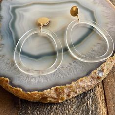 The Absolutely Transparent Earrings Round Lucite Jewelry For Parties, Clear Lucite Party Jewelry, Gold Lucite Earrings As A Gift, Gold Lucite Earrings For Gifts, Trendy Clear Drop Earrings, Trendy Clear Glass Jewelry, Elegant Clear Resin Earrings, Trendy Clear Resin Jewelry, Chic Gold Resin Jewelry