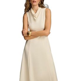 Elegant High Neck Sleeveless Formal Dress, Elegant Fit And Flare Sleeveless Dress With Flattering Silhouette, Elegant Fit And Flare Sleeveless Dress, High Neck Stretch Dress With Back Zipper, Elegant High Neck Dress With Back Zipper, Chic Stretch A-line Sleeveless Dress, Stretch A-line Sleeveless Dress, Fitted High Neck Sleeveless Dress For Work, Formal A-line Sleeveless Dress With Back Zipper