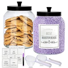 a jar filled with cookies next to other items