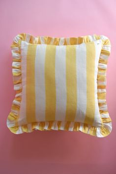 Pre Order: Augusta Yellow Striped Ruffle Pillow Katel Home Block Print Designs, Whimsical Bedroom, Striped Chair, Ruffle Pillow, Striped Pillow, Stripe Pillow, Yellow Stripes, Outdoor Pillows, Fourth Of July