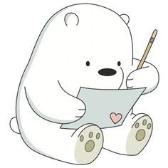 a polar bear holding a piece of paper with a pencil in it's mouth