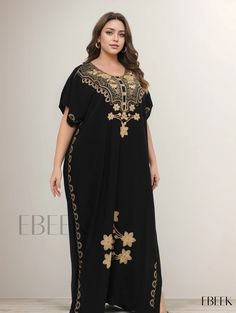 Ebeek - Premium Plus Size Kaftan Dress - Womens Exquisite Floral Print Maxi Kaftan Dress with Bat Sleeves and Round Neckline Elegant Short Sleeve Kaftan For Eid, Black Beach Dress For Eid, Elegant Short Sleeve Dresses For Eid, Eid Maxi Length Free Size Dresses, Eid Free Size Maxi Dress, Festive Floor-length Beach Dress, Free Size Long Dress For Eid, Bohemian Short Sleeve Eid Dresses, Bohemian Short Sleeve Dresses For Eid