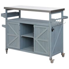 an entertainment center with sliding doors on wheels and a table top that is painted blue