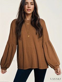 Lasaky - Loose Casual Jacquard Solid Color Knit Sweater with Pullover Round Neck and Puff Sleeves Fall Layering Blouse With Crew Neck, Knit Puff Sleeve Top For Winter, Brown Crew Neck Long Sleeve Top For Fall, Brown Long Sleeve Crew Neck Top For Fall, Knit Tops With Lantern Sleeves For Winter, Winter Knit Tops With Lantern Sleeves, Winter Knit Top With Lantern Sleeves, Brown Ribbed Long Sleeve Knit Top, Ribbed Puff Sleeve Top For Fall