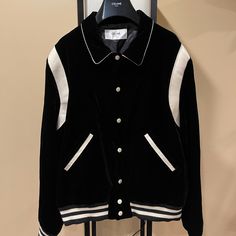 Celine X Hedi Slimane Black Velvet Teddy Varsity Jacket Rare Size 54 (Extremely Rare Size); Could Fit L-Xl Brand New W/ Tags Very Rare And Sought After Black Velvet Teddy Jacket. This Is Not The Corduroy Version That Restocked Multiple Times. Extremely Low Quantities Made Per Size. Only One Listed Anywhere Online. This Is 54 Nearly Extinct. Luxury Black Varsity Jacket With Padded Collar, Celine Varsity Jacket, Velvet Teddy, Hedi Slimane, Men's Outerwear, Teddy Jacket, Men's Coats And Jackets, Black Media, Very Rare