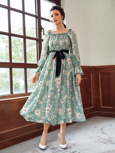 Mint Green Elegant,Modest  Long Sleeve Polyester Floral A Line Embellished Non-Stretch Spring Women Dresses Dress Design Western, Western Dress For Women, Floral Frocks, Chic Maxi Dresses, Utsav Fashion, Long Frocks, Rayon Dress