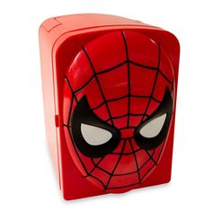 a close up of a red toy with a spiderman face on it's face