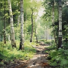 a painting of a path in the woods