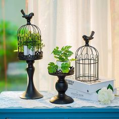 two bird cages with plants in them sitting on a table next to a box and flowers