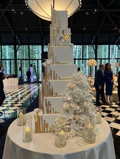 a tall white cake sitting on top of a table