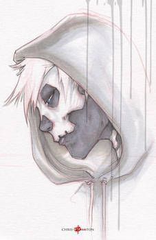 a drawing of a person with white hair and blue eyes hiding in a hoodie