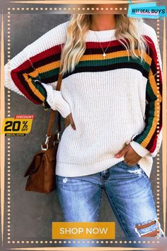 Stripes Knitted Crew Neck Long Sleeve Sweater Pullover Outfit, Long Sleeve Knit Sweaters, Striped Sleeve, Plus Size Sweaters, Casual Stripes, Casual Tops For Women, White Casual, Striped Knit, Long Sleeve Casual