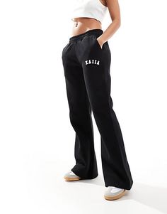 Kaiia wide leg sweatpants in black | ASOS Sporty Wide Leg Pants With Letter Print, Streetwear Wide Leg Pants With Comfort Waistband, Black Straight Leg Sweatpants With Letter Print, Wide Leg Pants With Comfort Waistband For Streetwear, Sporty Wide Leg Bottoms With Letter Print, Black Wide-leg Pants With Ribbed Waistband, Wide Leg Stretch Sweatpants For Streetwear, Stretch Wide Leg Sweatpants For Streetwear, Wide Leg Bottoms With Ribbed Waistband For Streetwear