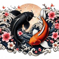 Dragon Koi Tattoo Design, Dragon Koi Fish, Coy Fish, Koi Fish Drawing, Koi Art, Samurai Artwork