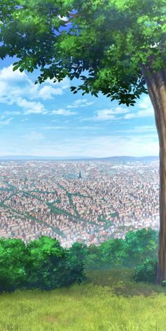 an anime scene with the city in the distance and trees on the ground, looking down at it