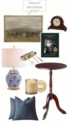 an assortment of items including a table, lamp and clock