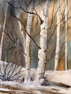 watercolor painting of trees in the snow