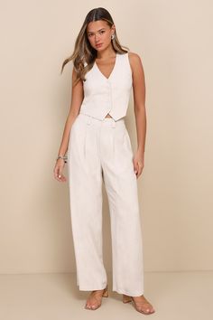 Confidence and charm will be easy to come by when you've got the Lulus Suits You Perfectly Beige Linen Wide Leg Pants! Lightweight linen-blend fabric shapes these elevated pants that have a high waist, belt loops, and a hidden zip fly with top button closure. Wide legs boast subtle pleated details and side seam pockets, finishing at full-length hems. Pair with the matching top for a complete look! Fit: This garment fits true to size. Length: Floor length. Size medium Inseam: 28.50 Front Rise: 13 Marthas Vineyard Outfit, Beige Linen Pants, Linen Wide Leg Pants, Wide Leg Pant Suit, Linen Vest, Vest Style, Lulu Fashion, White Tee Shirts, Wide Leg Linen Pants