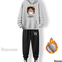 Russoo - Autumn Winter Oversized Mens Plus Size Hoodie and Sweatpants Set: Graphic Plain Color Hoodie with Drawstring, Warm Fleece Lining, and Pocket, Accompanied by Loose-fitting Drawstring Long Sweatpants, Ideal for Big and Tall Gentlemen Gray Casual Winter Tracksuit, Winter Fleece Tracksuit For Loungewear, Winter Leisure Sweats With Drawstring Hood, Gray Tracksuit For Winter Streetwear, Gray Winter Tracksuit For Streetwear, Hooded Fleece Tracksuit For Winter, Winter Fleece Tracksuit With Long Sleeves, Fleece Tracksuit For Winter, Hooded Winter Tracksuit For Leisure