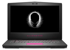 an alienware laptop is shown with the logo on it's screen and pink accents