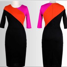 Ava Dress Pink/Orange And Black With Hidden Zip Cotton With Spandex So It Will Have Some Stretch. Perfect For Office Or Social Gathering.. Pink Bodycon Dress For Office, Orange Color Block Party Dress, Black Color Block Midi Dress, Fitted Color Block Party Dresses, Fitted Color Block Dresses For Party, Fitted Color Block Evening Dress, Fitted Color Block Dress For Evening, Fitted Color Block Dress For Work, Fitted Color Block Work Dresses