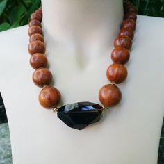 Smokey Quartz and Wood Bead Necklace | Mothers Days Gift Jewelry | Handmade Statement Necklace | Tre Unique Faceted Necklaces, Luxury Necklaces With Faceted Beads For Jewelry Making, Elegant Amber Jewelry With Large Beads, Elegant Large Pendant Beads, Elegant Brown Necklace With Polished Beads, Elegant Large Bead Pendant, Large Beads Pendant Necklace, Elegant Brown Faceted Necklace, Artisan Faceted Round Bead Necklace