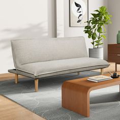 a living room with a couch, coffee table and plant in the corner next to it