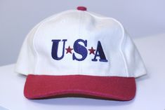 vintage  USA  baseball cap  hat by LIBERTY BLUE  brushed cotton  red/ivory/blue  1 size buckle adjustable closure  in back majority of hat  is ivory NOT white I see only some light  discoloration front inside  brim from light wear nice patriotic hat sold as is final sale no returns. Pictures serve as part of my description. ______________________ Payment and Shipping Policy: Payment is due immediately.            Pleased to combine shipping. Original shipping will not  be refunded since that mon Vintage Snapback Hat With Curved Bill For Sports, Vintage Sports Baseball Cap With Curved Bill, Vintage Baseball Cap With Curved Bill For Sports Events, Vintage Curved Bill Baseball Cap For Sports Events, Vintage Curved Bill Baseball Cap For Sports, Vintage White Baseball Cap With Curved Bill, Patriotic White Baseball Cap With Curved Bill, Vintage Red Six-panel Baseball Cap, Vintage Six-panel Trucker Hat For Baseball Season